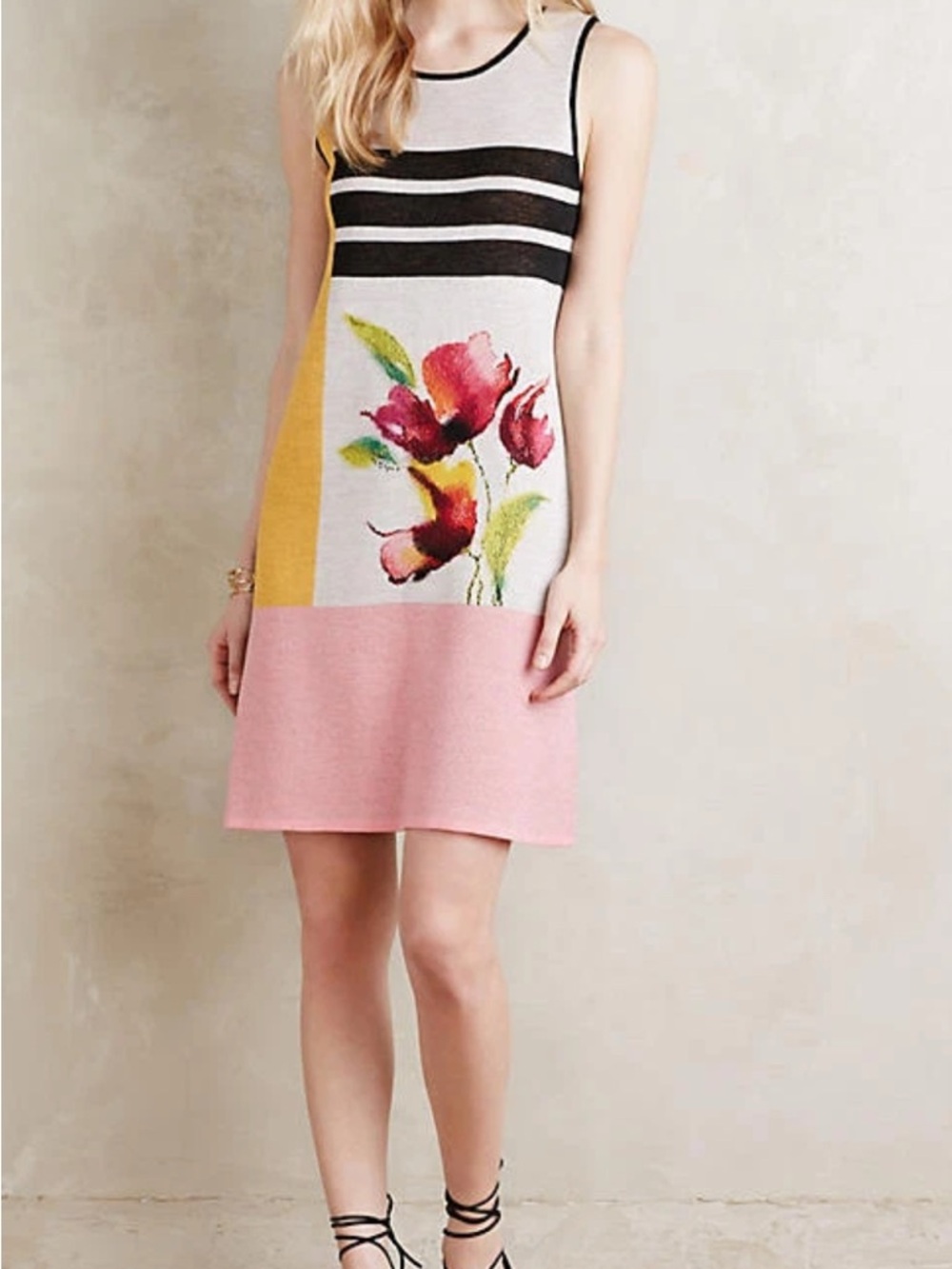 Anthropologie Colorblock Floral Knit Tank Dress - Yellow, Pink, Black